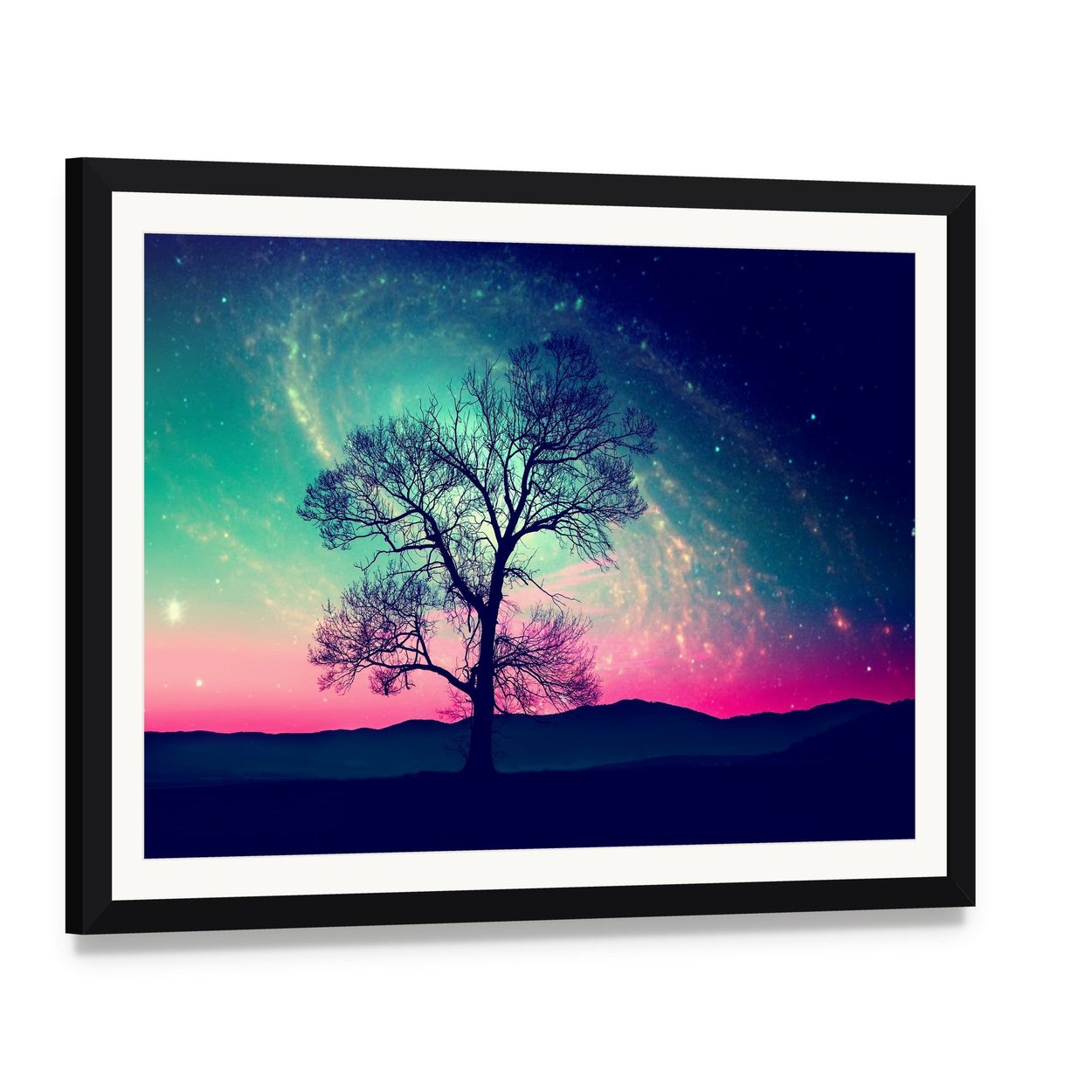 Andromeda Galaxy Over Earth Canvas Wall Art, framed print with white mat and black frame, angled product view
