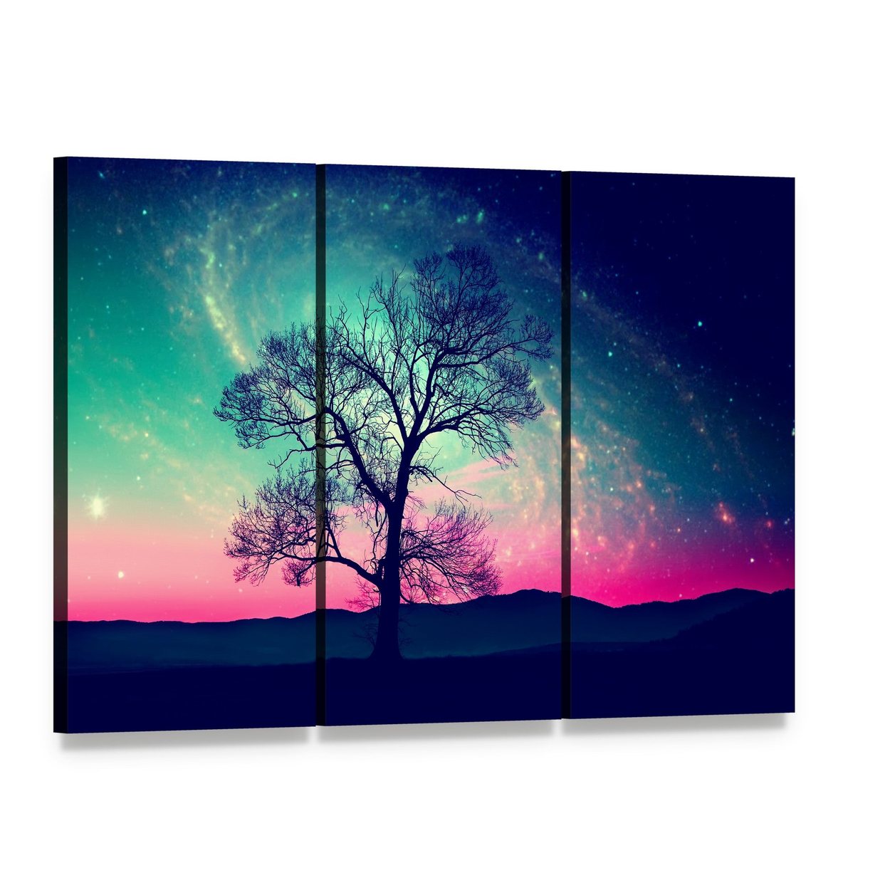Andromeda Galaxy Over Earth Canvas Wall Art, 3 panel 3 Horizontal layout gallery wrapped canvas set, angled product view