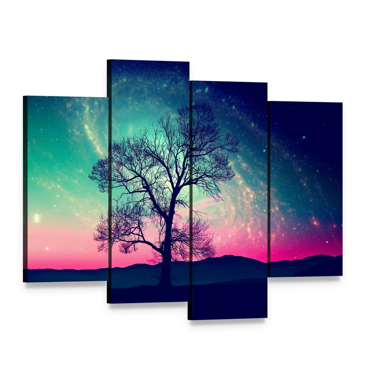 Andromeda Galaxy Over Earth Canvas Wall Art, 4 panel 4 Pop layout gallery wrapped canvas set, angled product view