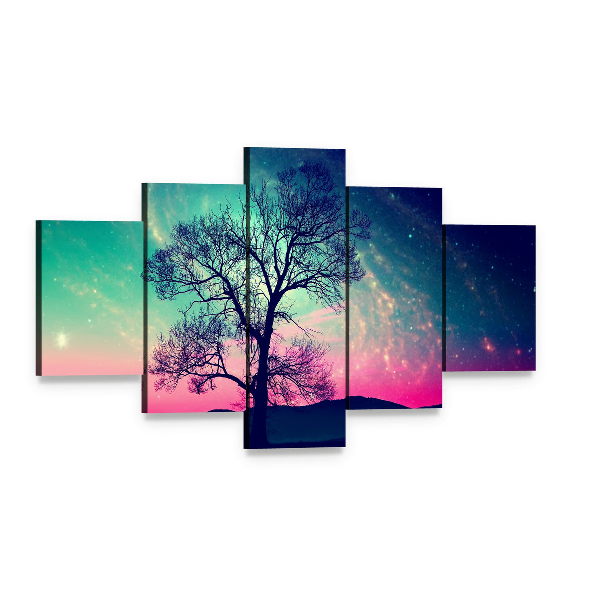 Andromeda Galaxy Over Earth Canvas Wall Art, 5 panel 5 Star layout gallery wrapped canvas set, angled product view