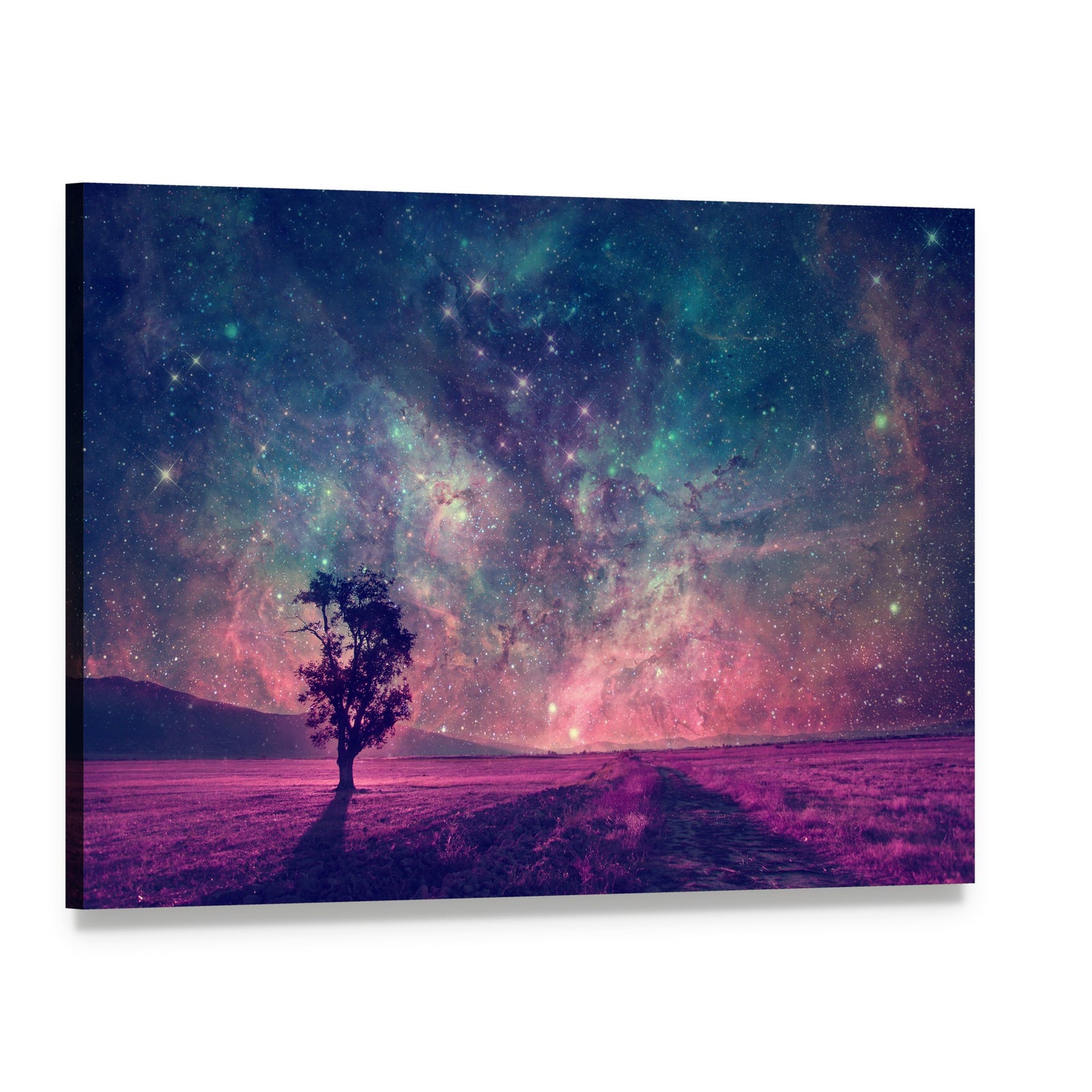 Tree Silhouette Beneath Purple Nebula Sky Canvas Wall Art, single panel gallery wrapped canvas, angled product view