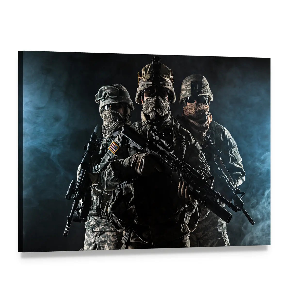 Three Paratroopers in Smoke Canvas Wall Art, single panel gallery wrapped canvas, angled product view