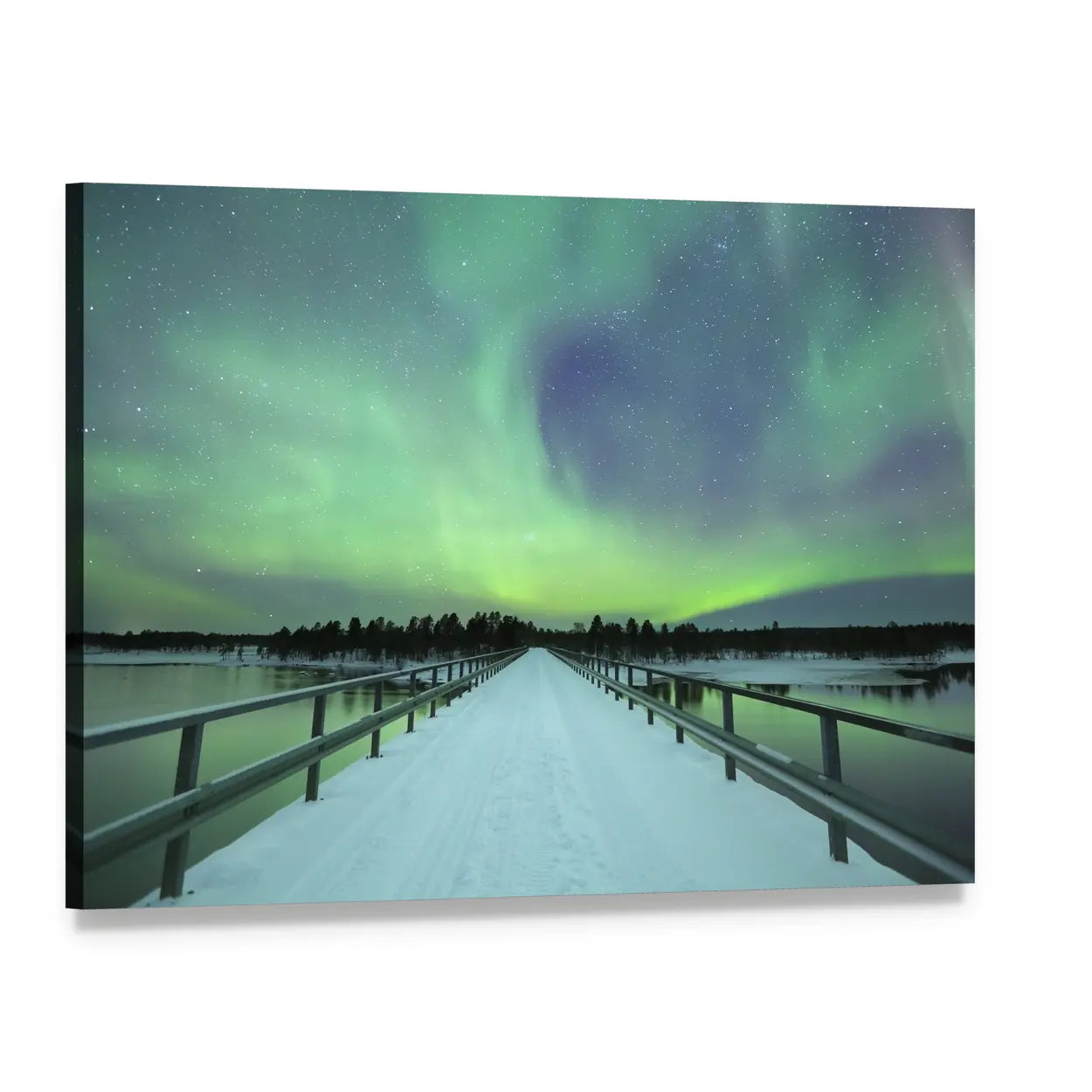 Northern Lights Over Snowy Bridge and River Canvas Wall Art, single panel gallery wrapped canvas, angled product view