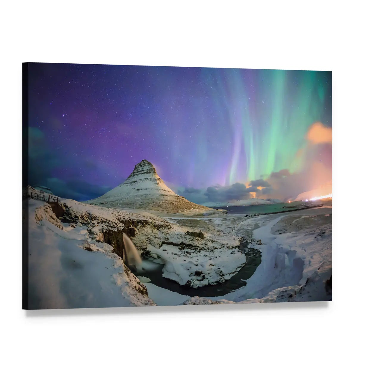 Northern Lights Over Kirkjufell Canvas Wall Art, single panel gallery wrapped canvas, angled product view