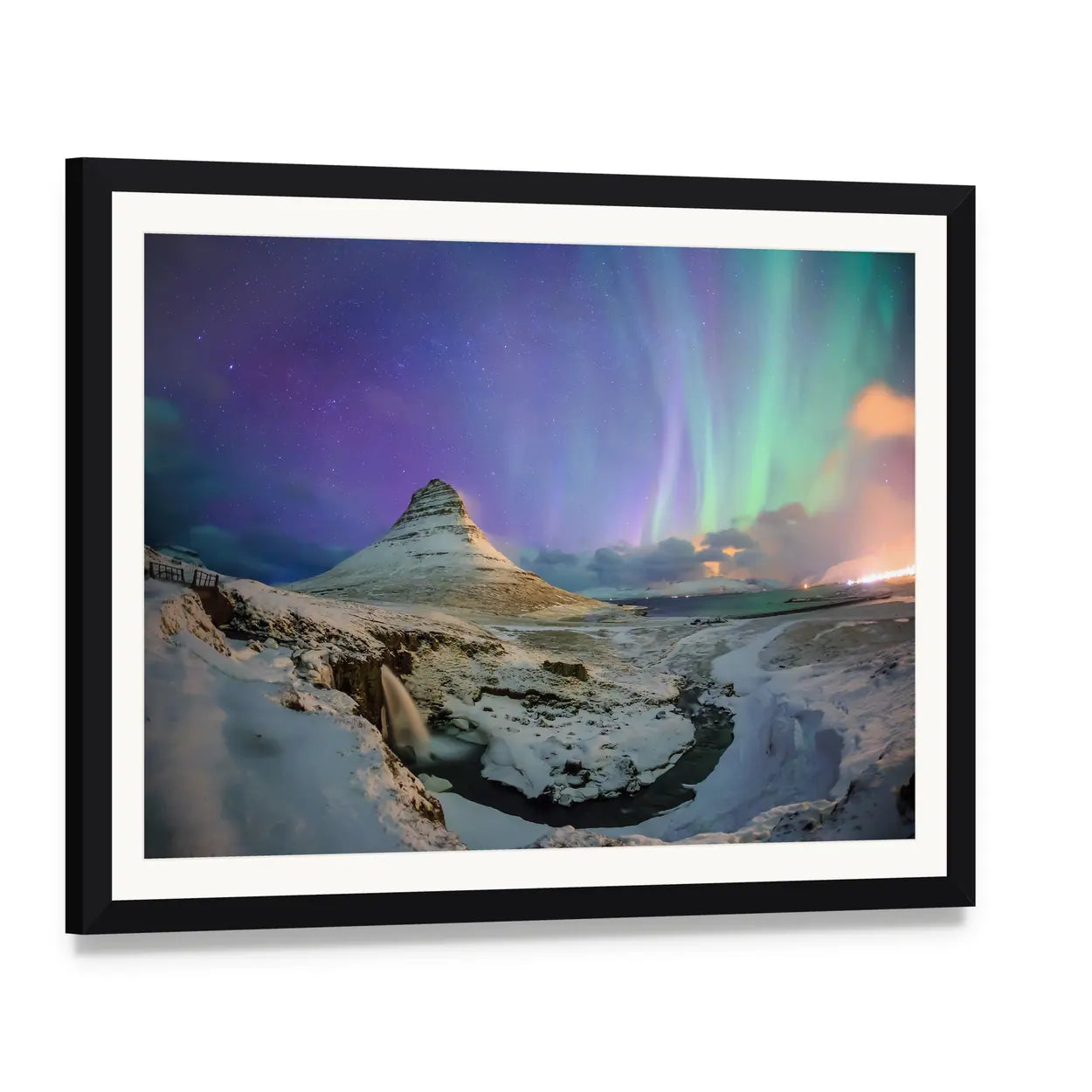 Northern Lights Over Kirkjufell Canvas Wall Art, framed print with white mat and black frame, angled product view