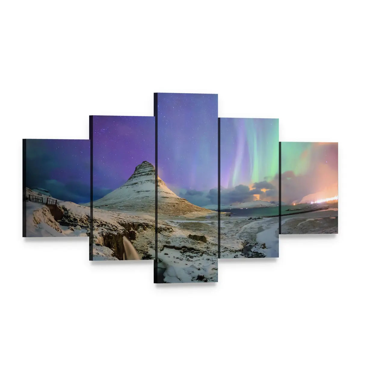 Northern Lights Over Kirkjufell Canvas Wall Art, 5 panel 5 Star layout gallery wrapped canvas set, angled product view