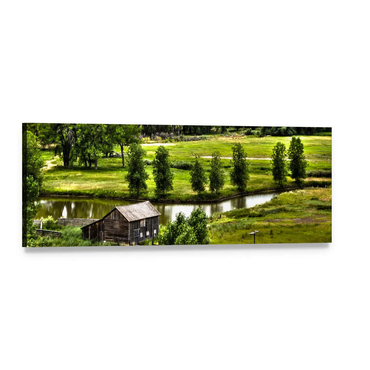 Historic Family Homestead by the River Panoramic Canvas Wall Art, single panel gallery wrapped canvas, angled product view