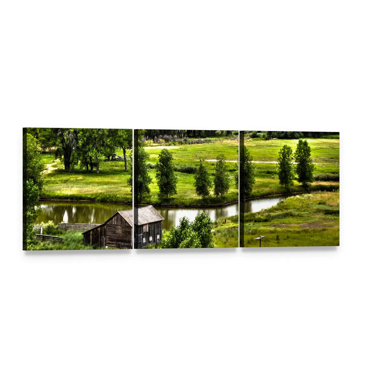 Historic Family Homestead by the River Panoramic Canvas Wall Art, 3 panel 3 Piece layout gallery wrapped canvas set, angled product view
