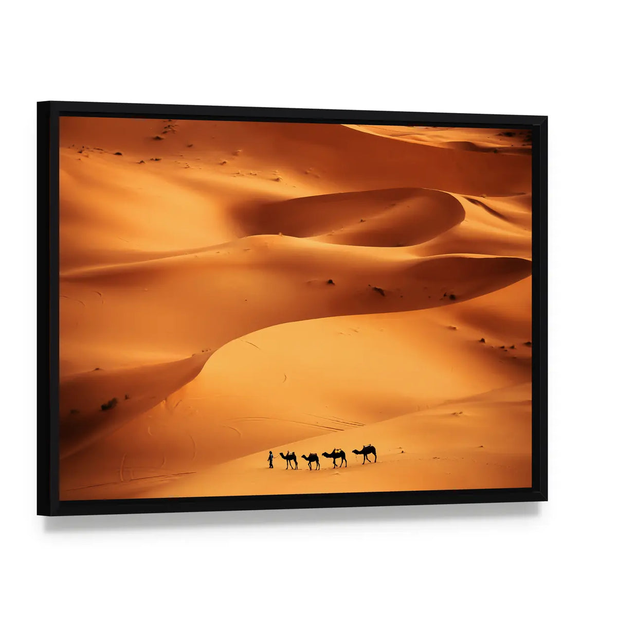 Camel Caravan Across Sahara Sand Dunes Canvas Wall Art, framed canvas in a black floater frame, angled product view