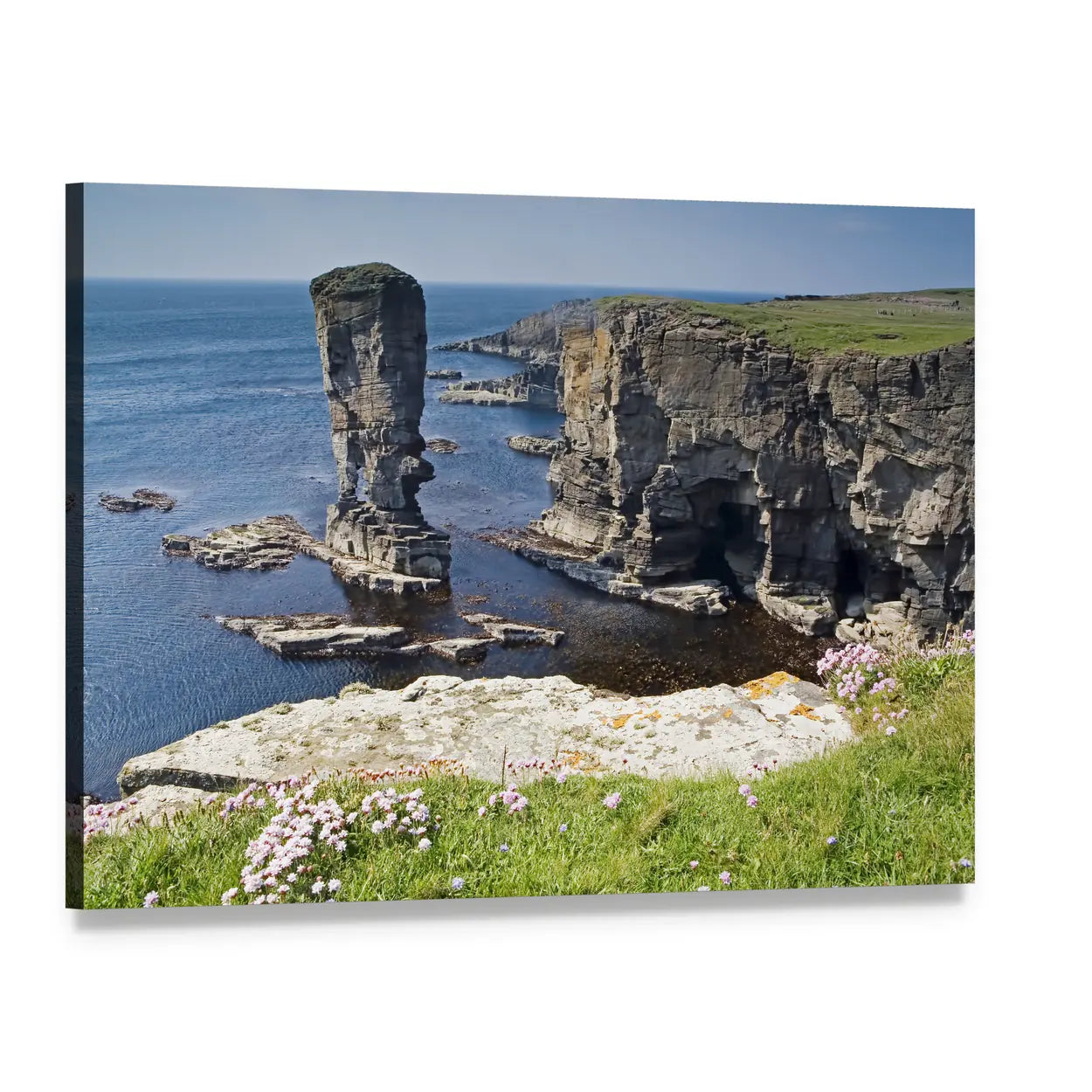 Yesnaby Sea Stacks and Coastal Cliffs Canvas Wall Art, single panel gallery wrapped canvas, angled product view