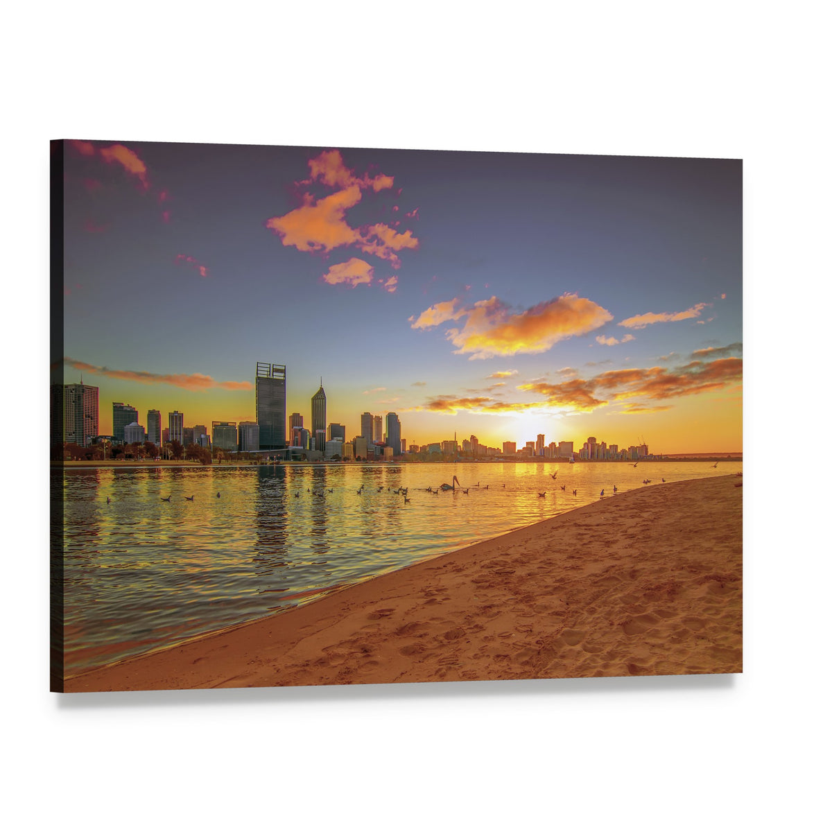 Perth Skyline Over Swan River Canvas Wall Art, single panel gallery wrapped canvas, angled product view