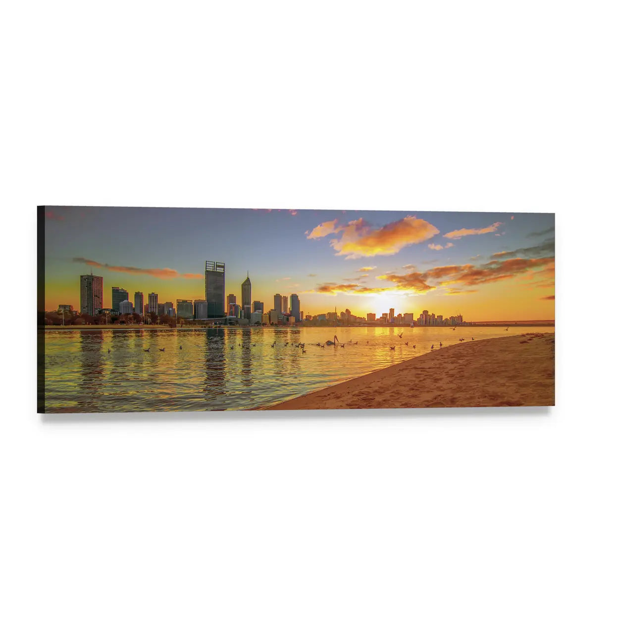 Sunset City Skyline with Beach Reflection Panoramic Canvas Wall Art, single panel gallery wrapped canvas, angled product view