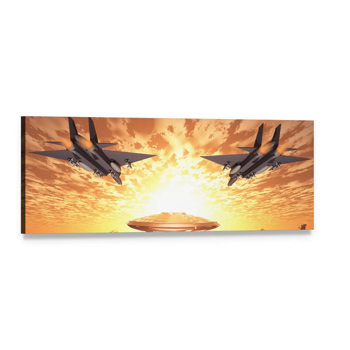 Military Jets in Orange Sunset Panoramic Canvas Wall Art, single panel gallery wrapped canvas, angled product view