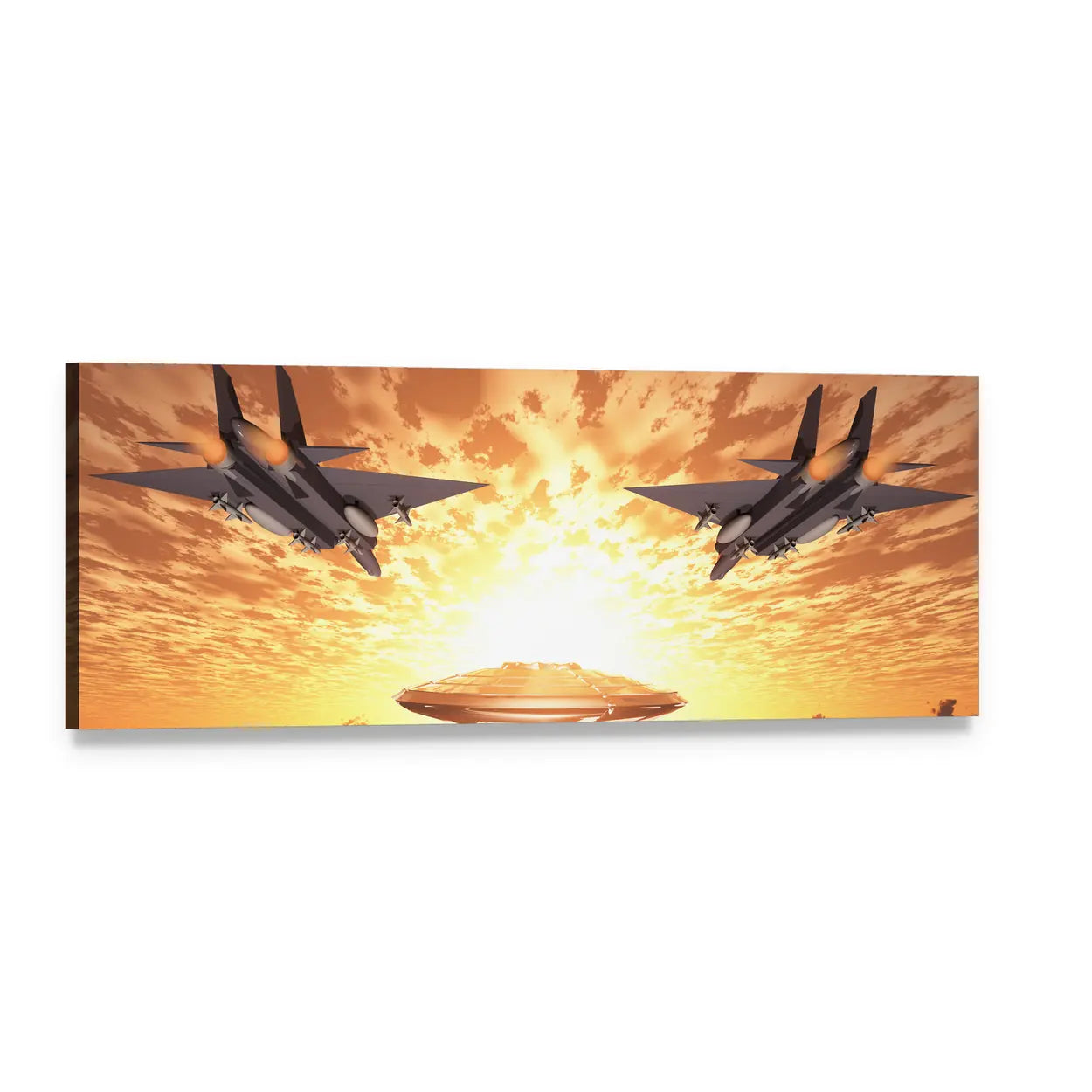 Military Jets in Orange Sunset Panoramic Canvas Wall Art, single panel gallery wrapped canvas, angled product view