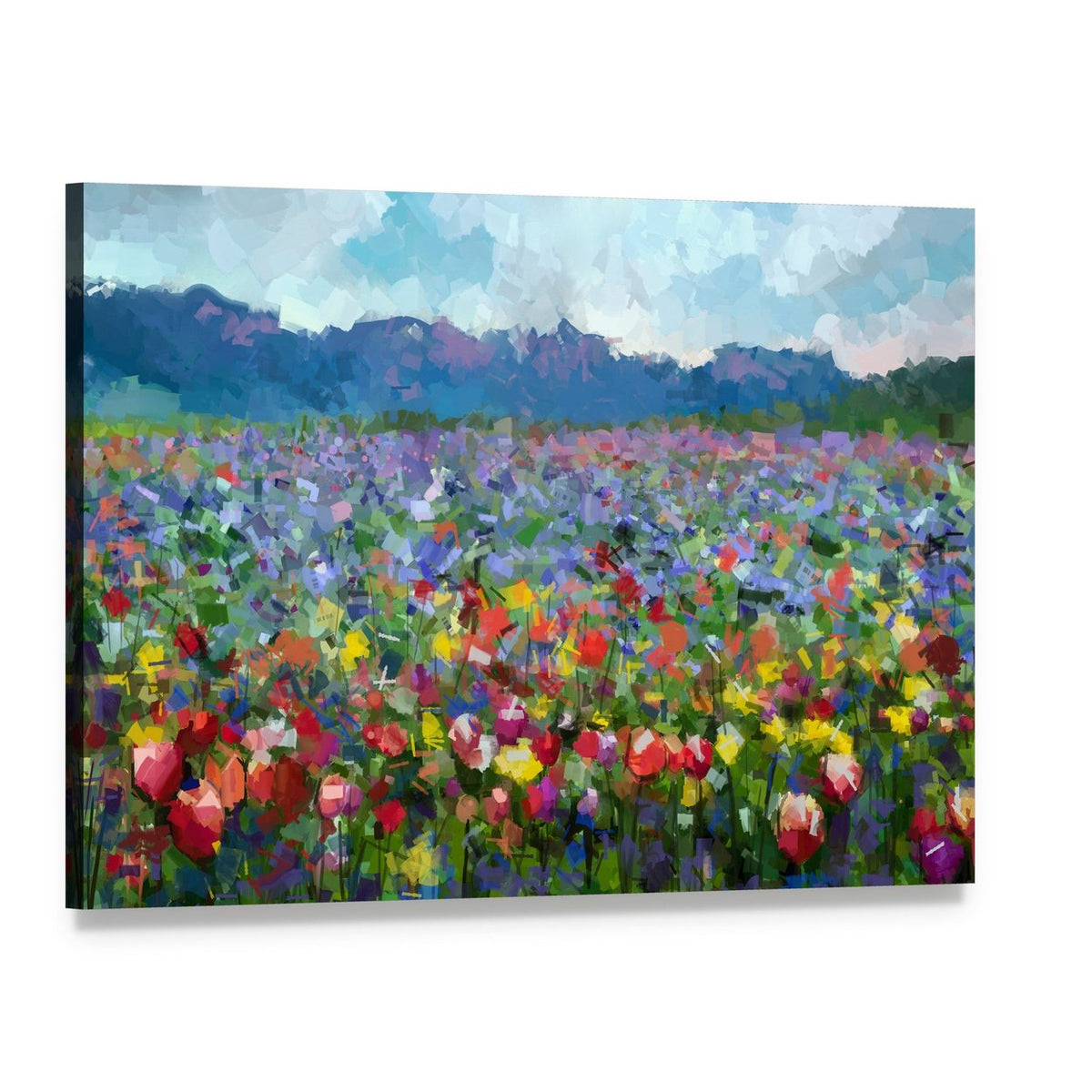 Tulips Flowers Blossom in the Meadow Canvas Wall Art, single panel gallery wrapped canvas, angled product view