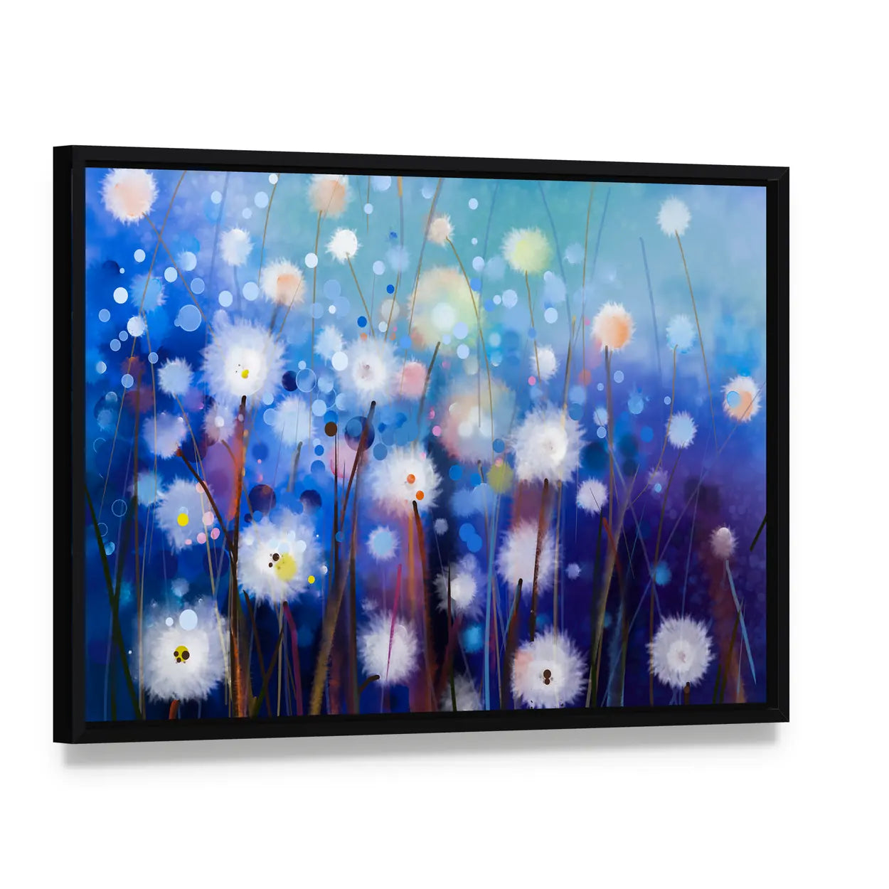 Spring Floral Nature Abstract Canvas Wall Art, framed canvas in a black floater frame, angled product view