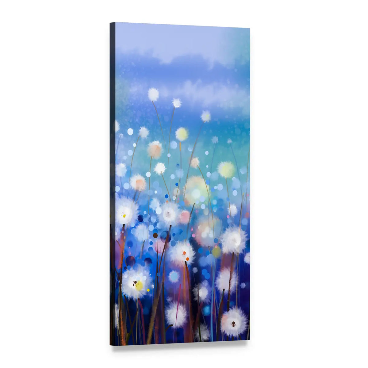 Dreamy Blue Dandelion Field Vertical Canvas Wall Art, 1 panel 1 Vertical layout gallery wrapped canvas set, angled product view