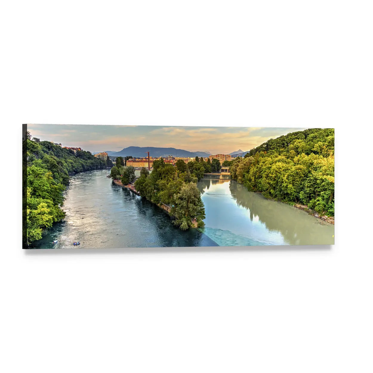 Rhone and Arve River Confluence Panoramic Canvas Wall Art, single panel gallery wrapped canvas, angled product view