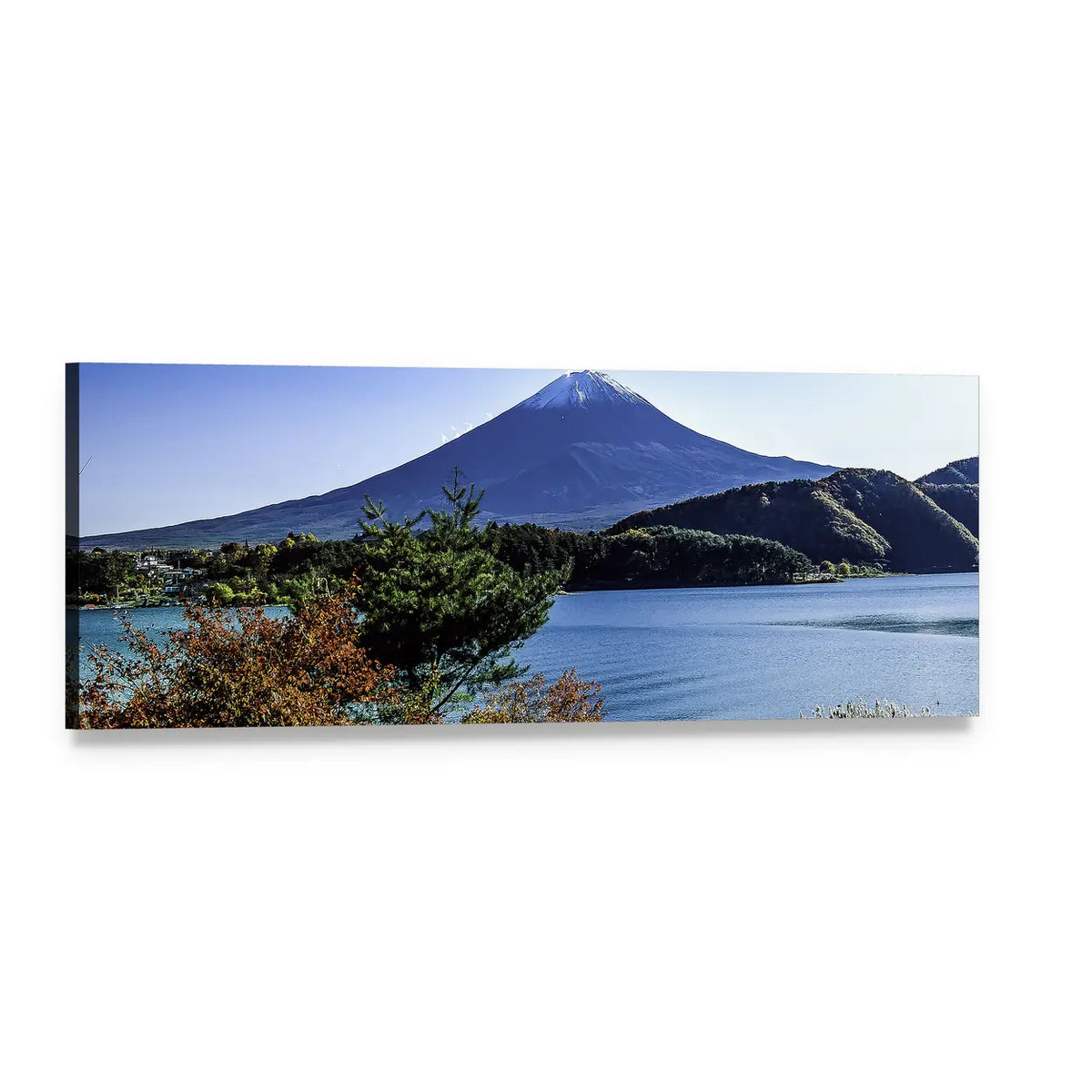 Mount Fuji Autumn Lake View Panoramic Canvas Wall Art, single panel gallery wrapped canvas, angled product view