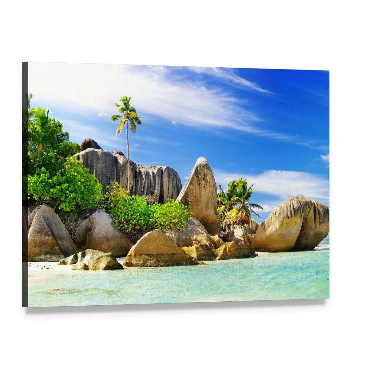 Tropical Island Beach with Granite Boulders Canvas Wall Art, single panel gallery wrapped canvas, angled product view