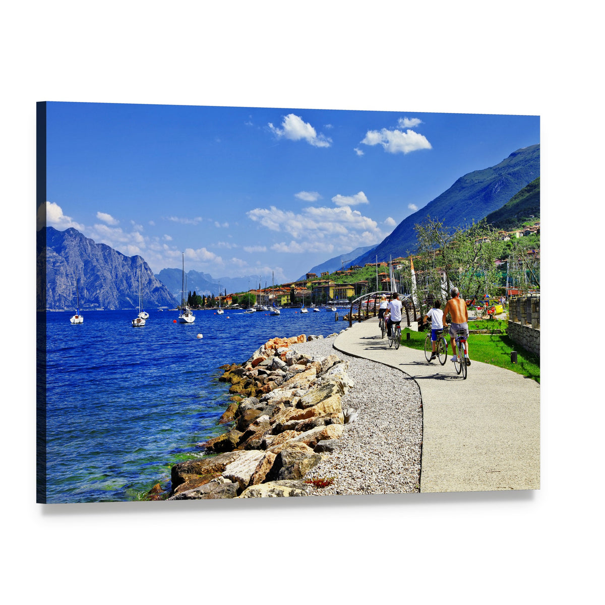 Lago Di Garda Lakeside Path and Boats Canvas Wall Art, single panel gallery wrapped canvas, angled product view