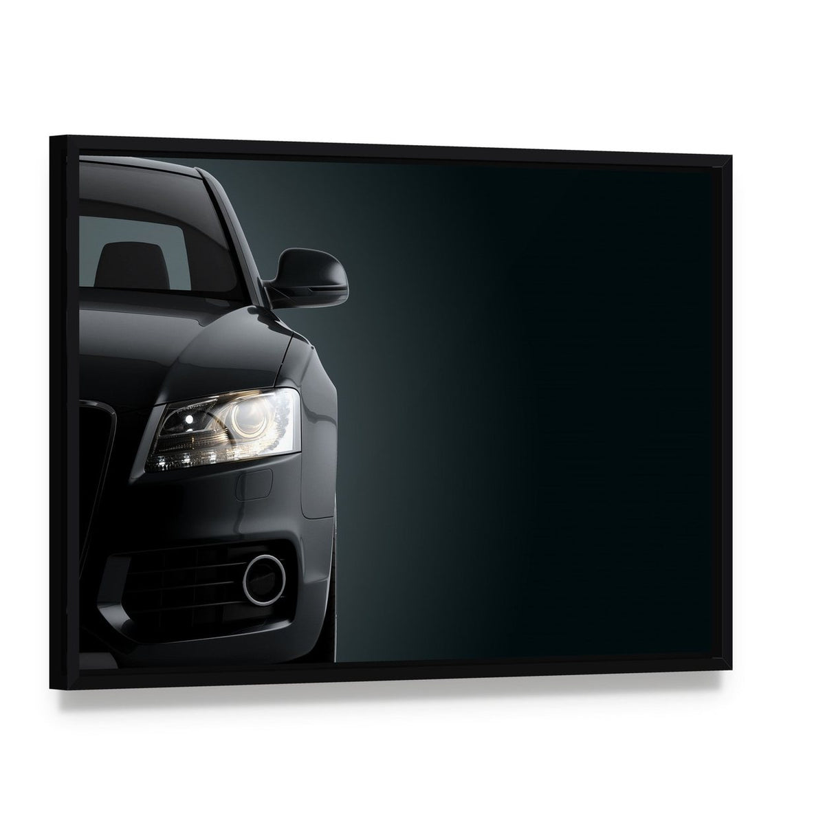 Black Sports Car Canvas Wall Art, framed canvas in a black floater frame, angled product view