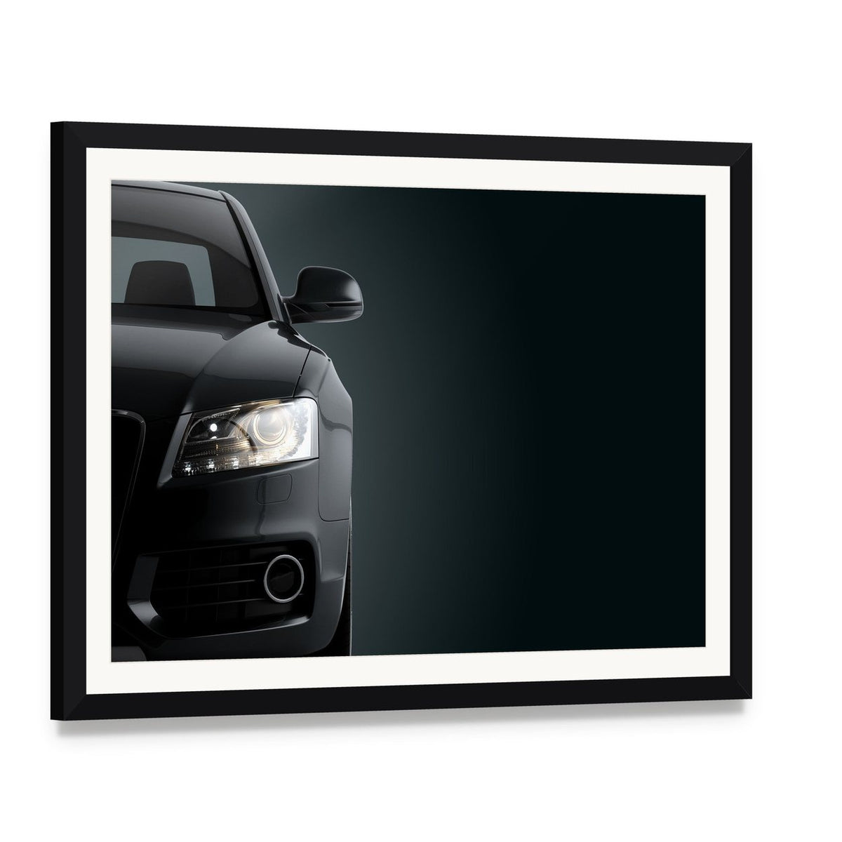 Black Sports Car Canvas Wall Art, framed print with white mat and black frame, angled product view