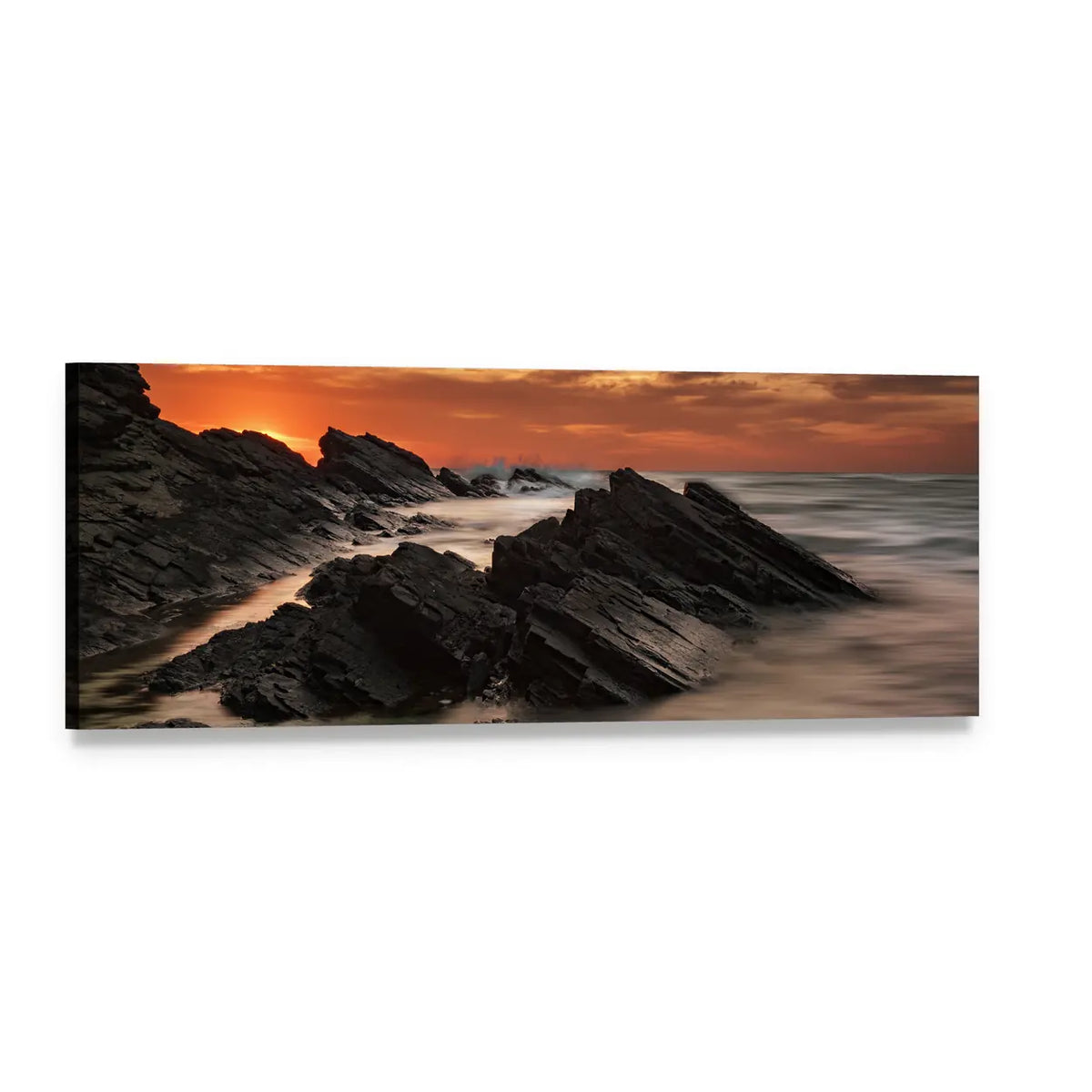Sunrise Over Coastal Rock Formations Panoramic Canvas Wall Art, single panel gallery wrapped canvas, angled product view