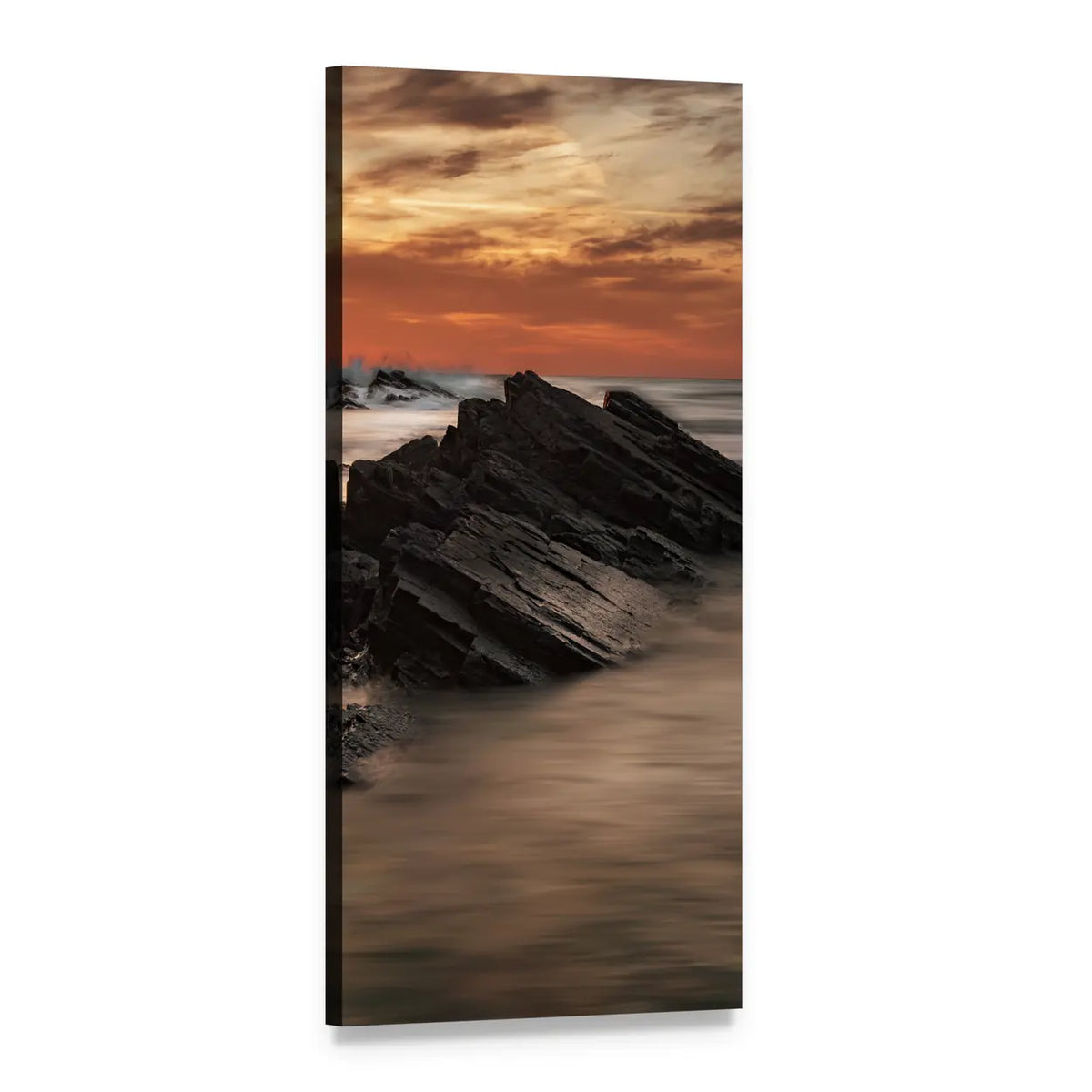 Sunset Over Jagged Coastal Rocks Vertical Canvas Wall Art, 1 panel 1 Vertical layout gallery wrapped canvas set, angled product view