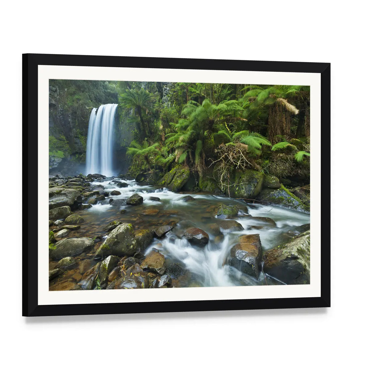 Hopetoun Falls, Great Otway National Park Canvas Wall Art, framed print with white mat and black frame, angled product view