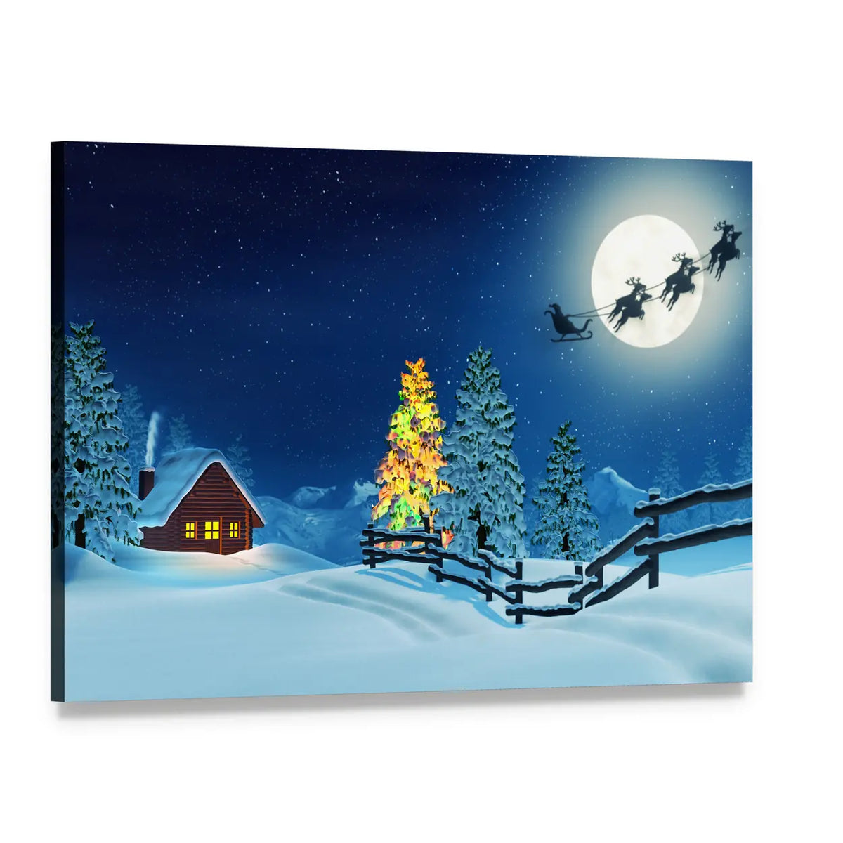 Moonlit Christmas Cabin in Snow Canvas Wall Art, single panel gallery wrapped canvas, angled product view
