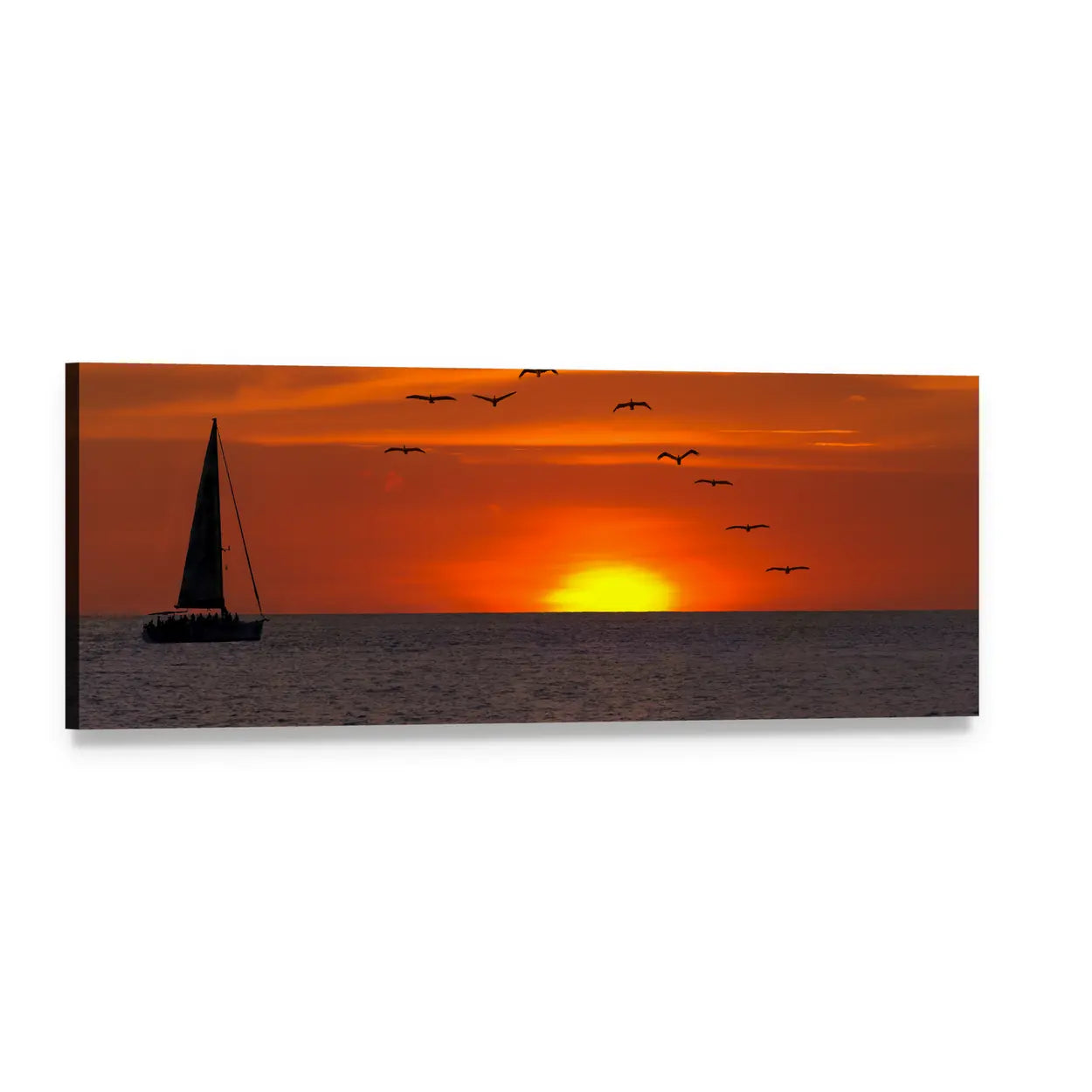 Sailboat at Sunset Panoramic Canvas Wall Art, single panel gallery wrapped canvas, angled product view