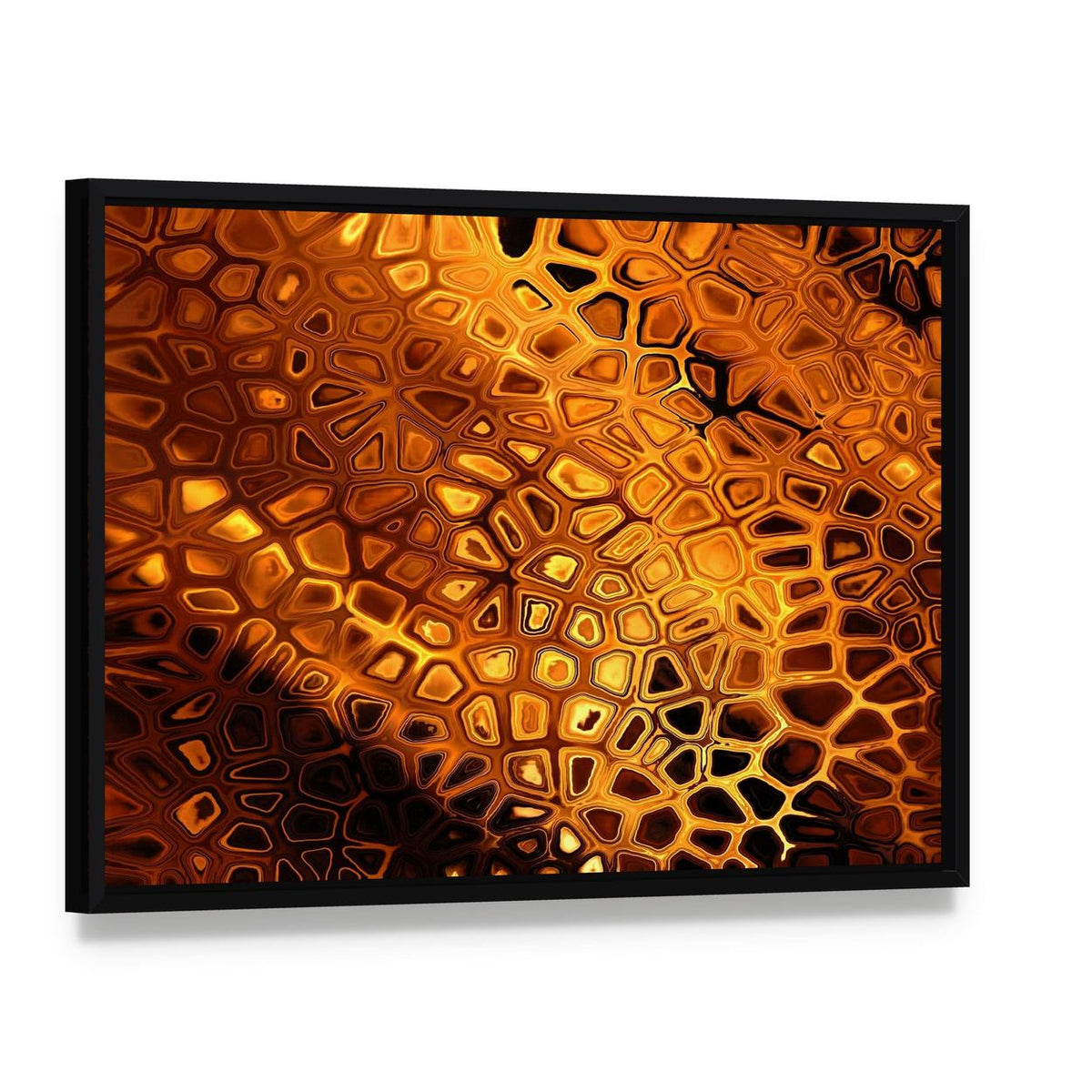 Hot Fire Peacock Feather Canvas Wall Art, framed canvas in a black floater frame, angled product view
