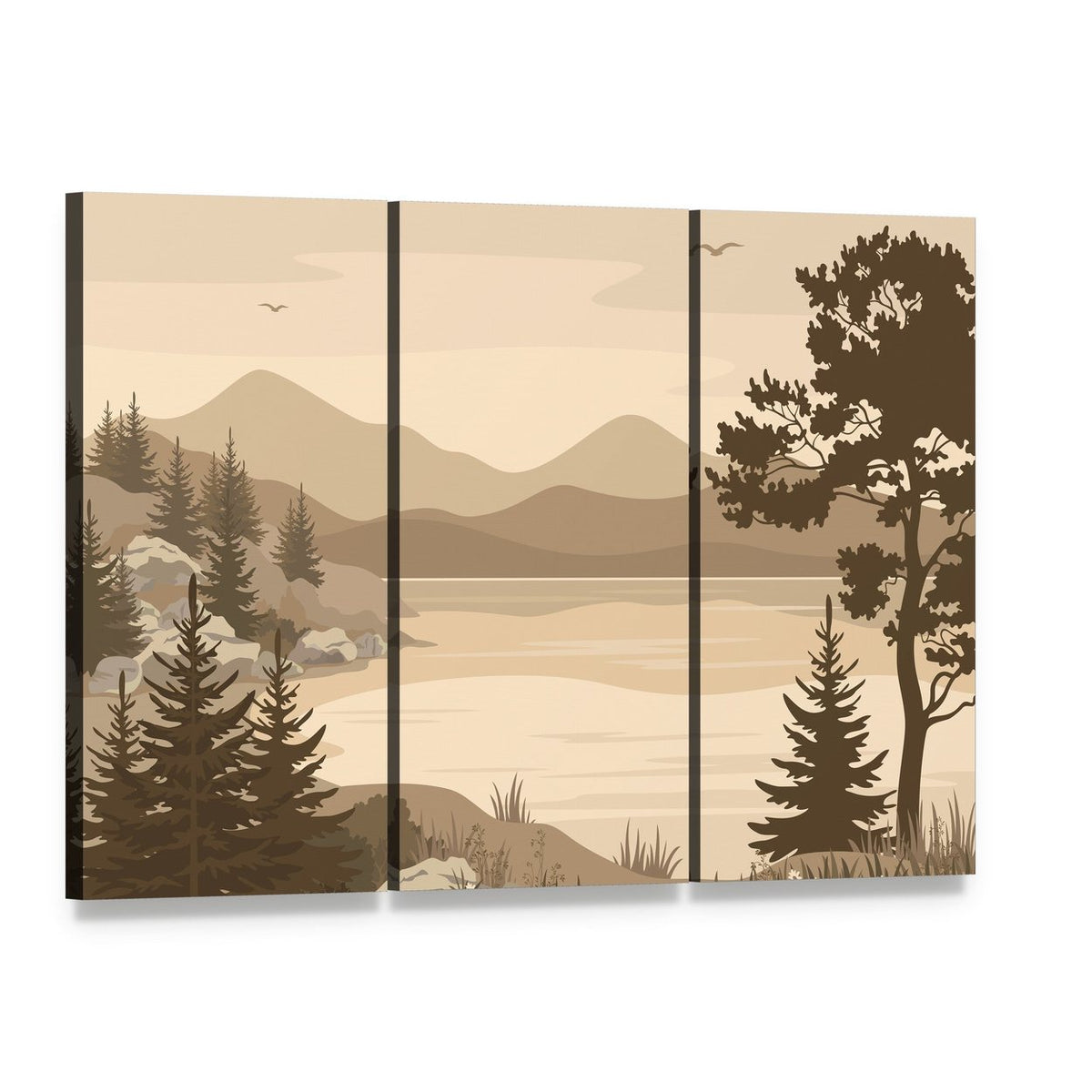 Lake with Mountains and Trees Canvas Wall Art, 3 panel 3 Horizontal layout gallery wrapped canvas set, angled product view