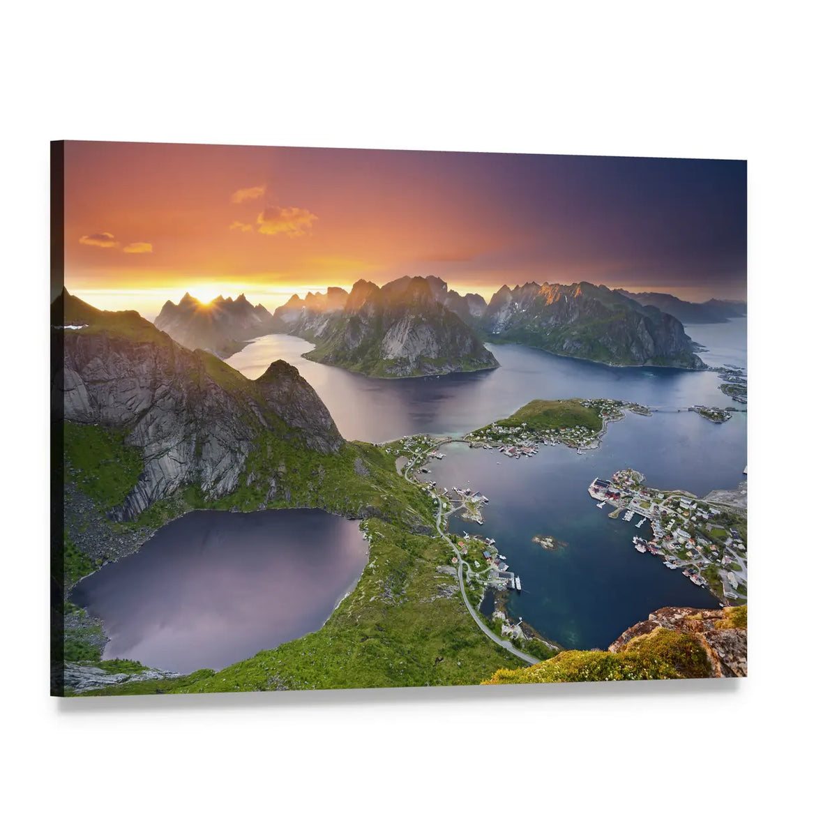 Aerial Sunset Over Mountain Village Canvas Wall Art, single panel gallery wrapped canvas, angled product view