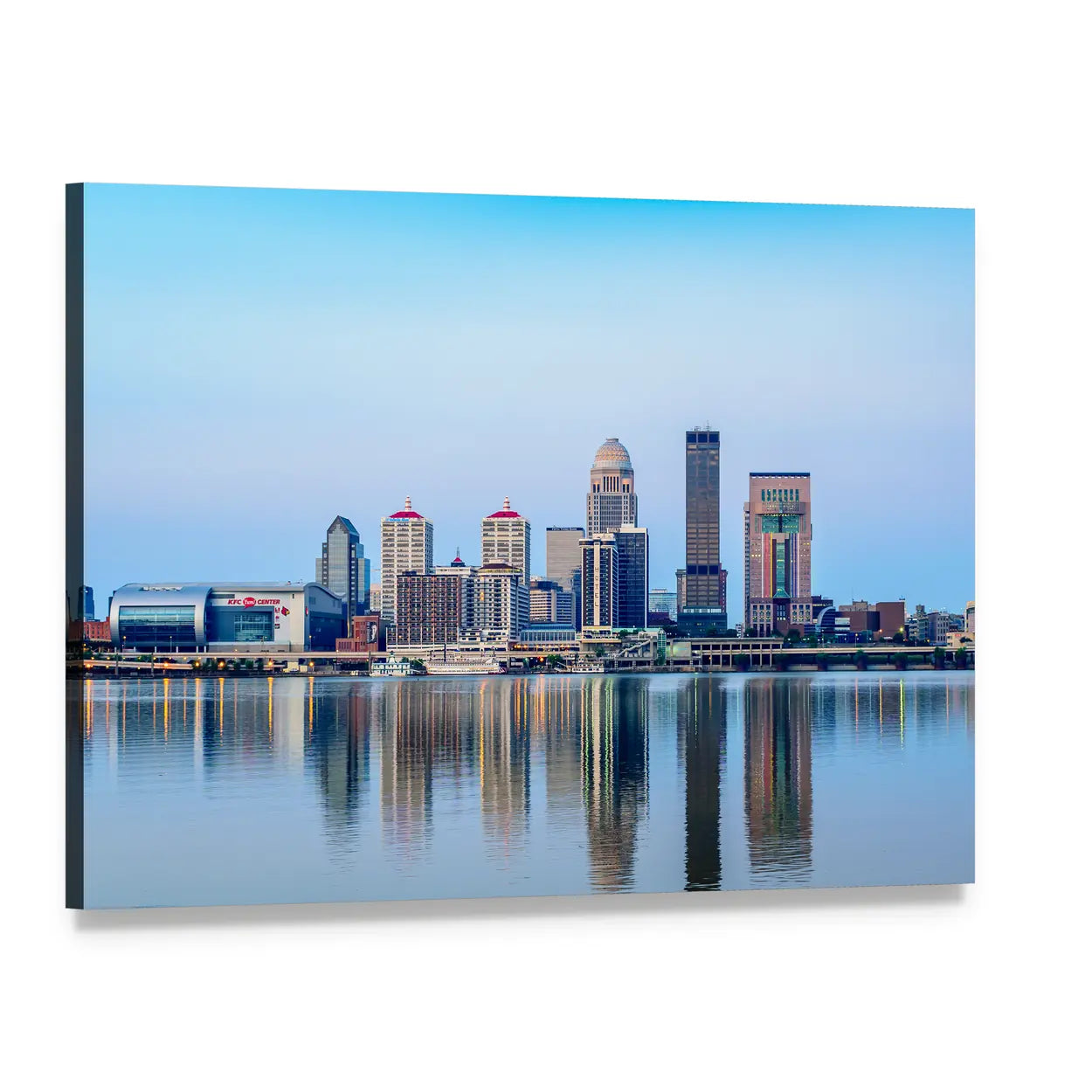 Louisville Riverfront Skyline at Sunrise Canvas Wall Art, single panel gallery wrapped canvas, angled product view