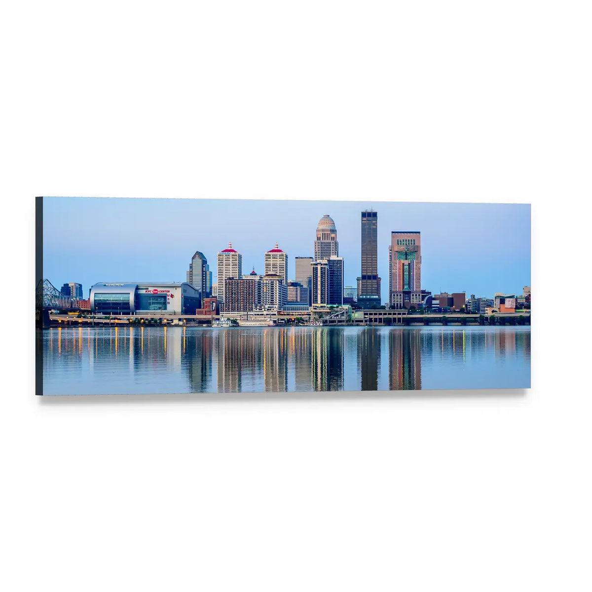 Louisville Skyline at Sunrise Panoramic Canvas Wall Art, single panel gallery wrapped canvas, angled product view