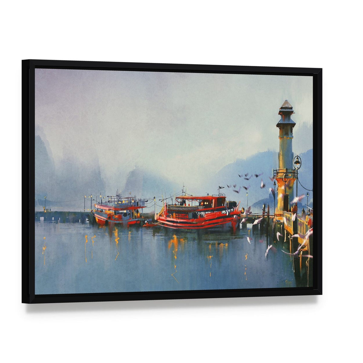 Boats in Harbor Canvas Wall Art, framed canvas in a black floater frame, angled product view