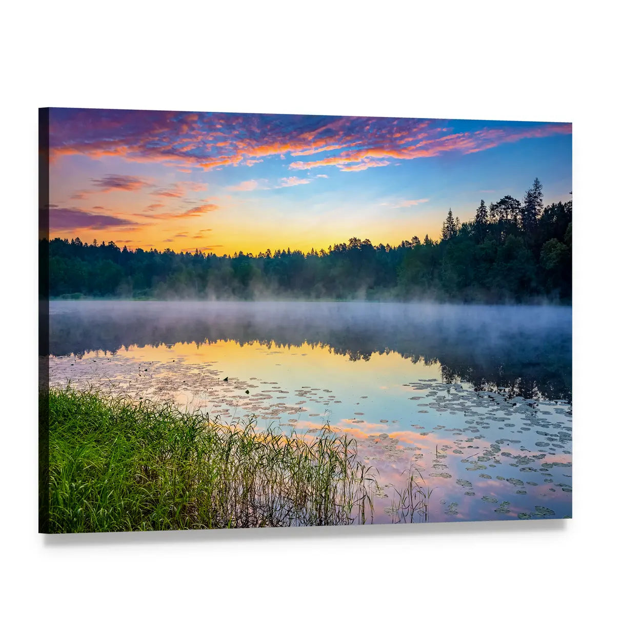 Sunrise Over Misty Forest Lake Canvas Wall Art, single panel gallery wrapped canvas, angled product view