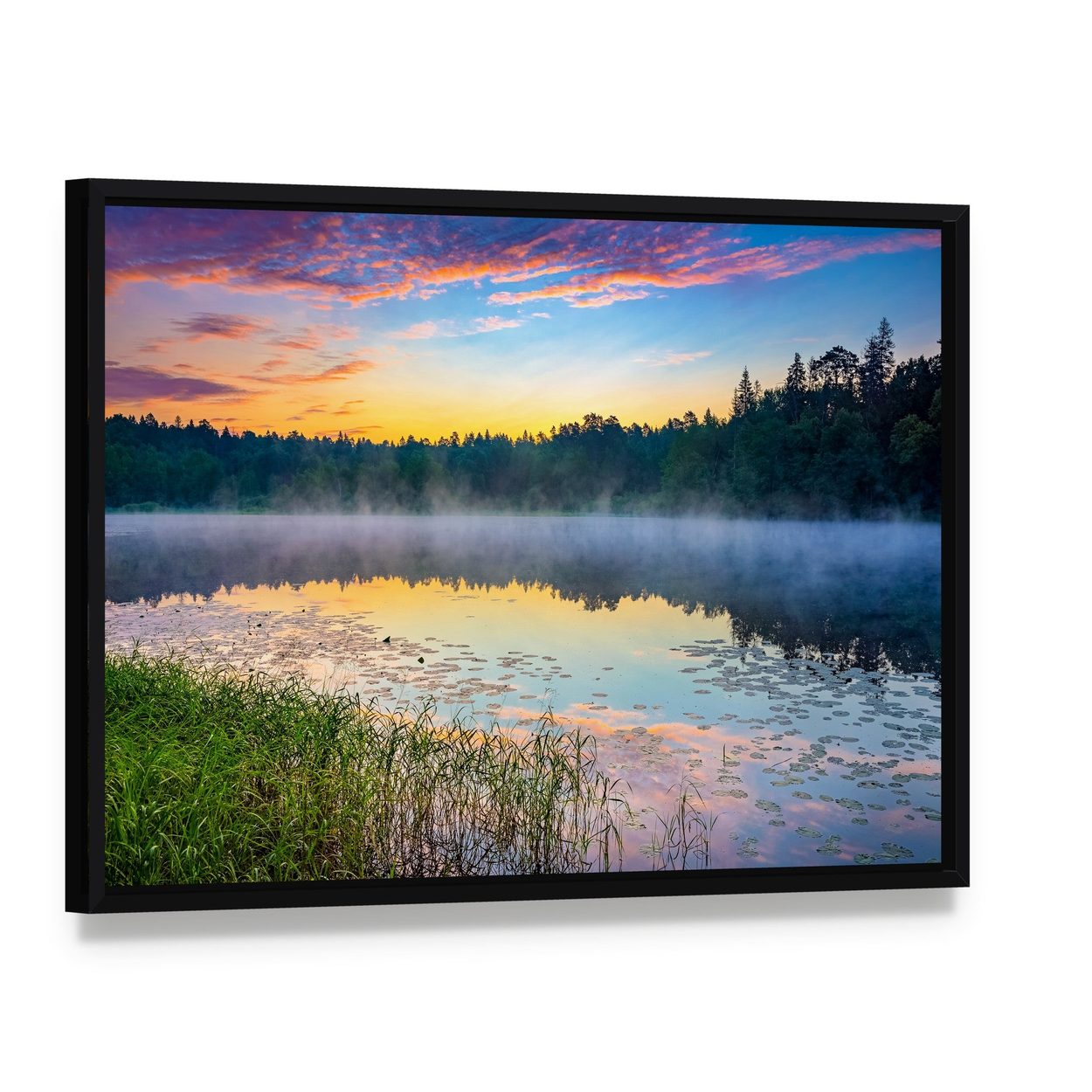 Sunrise Over Forest Lake Canvas Wall Art, framed canvas in a black floater frame, angled product view