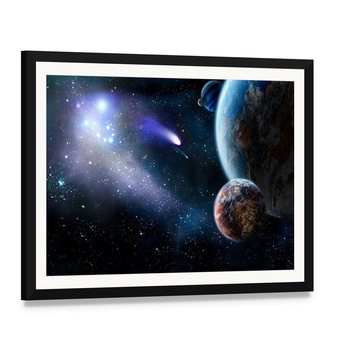 Group of Comets Attacking Peaceful Planets Canvas Wall Art, framed print with white mat and black frame, angled product view