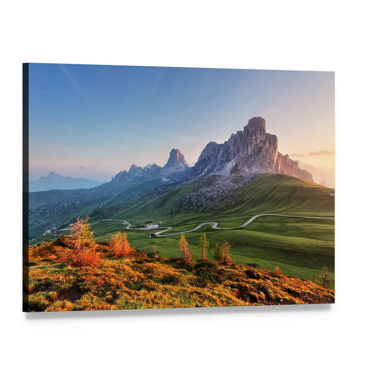 Dolomites Winding Road at Sunset Canvas Wall Art, single panel gallery wrapped canvas, angled product view