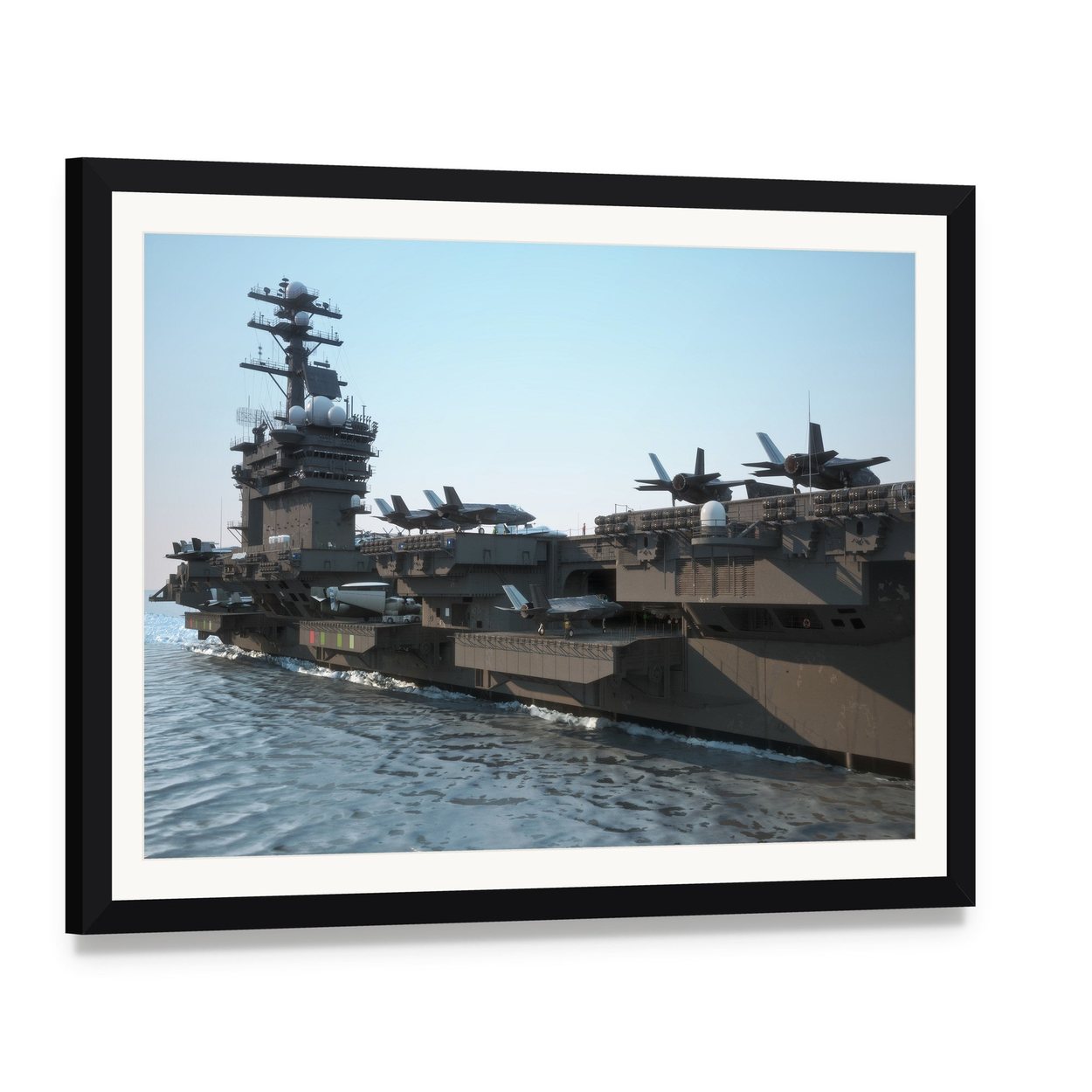 Navy Aircraft Carrier at Sea Canvas Wall Art, framed print with white mat and black frame, angled product view