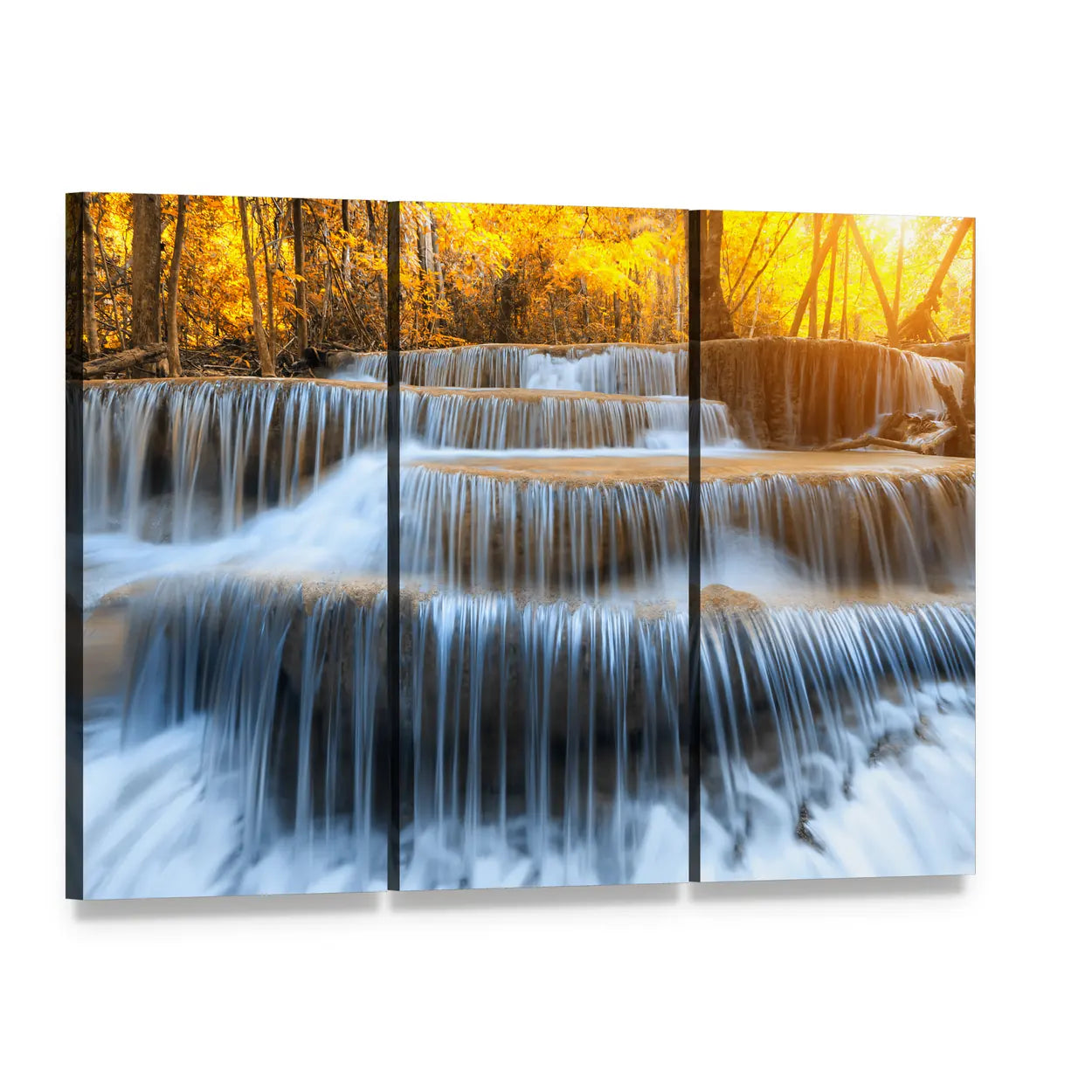 Waterfall in Yellow Forest Canvas Wall Art, 3 panel 3 Horizontal layout gallery wrapped canvas set, angled product view