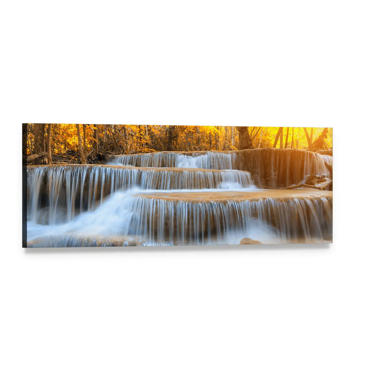 Silky Waterfall in Golden Autumn Forest Panoramic Canvas Wall Art, single panel gallery wrapped canvas, angled product view