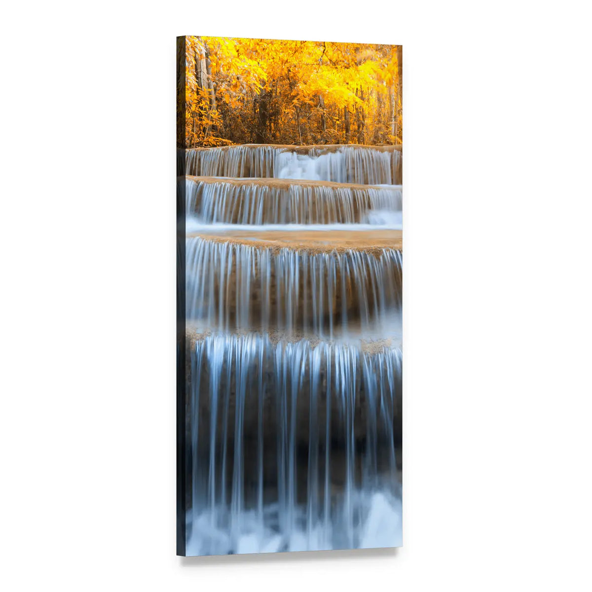 Waterfall in Yellow Forest Vertical Canvas Wall Art, 1 panel 1 Vertical layout gallery wrapped canvas set, angled product view