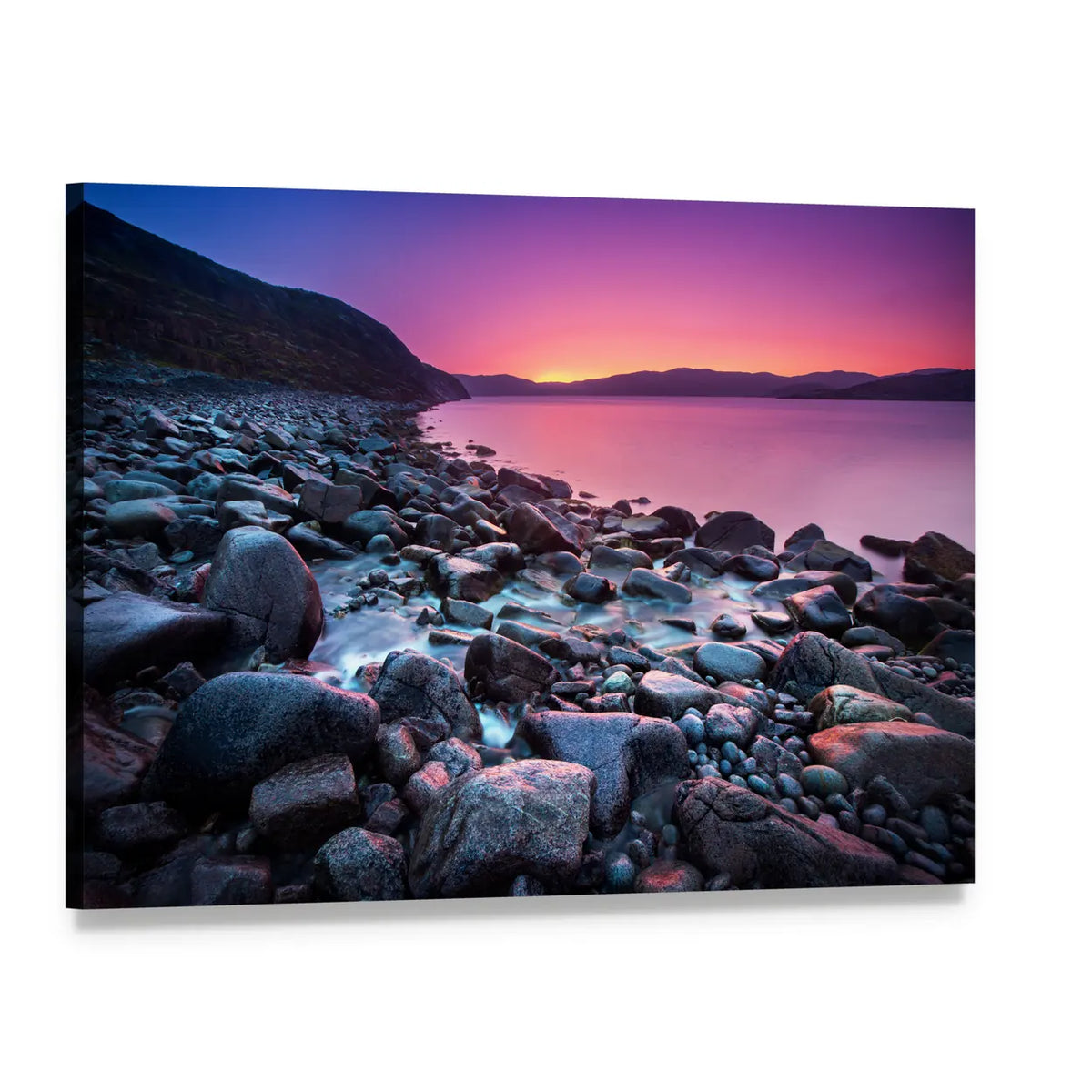 Sunset Over Rocky Shore Canvas Wall Art, single panel gallery wrapped canvas, angled product view