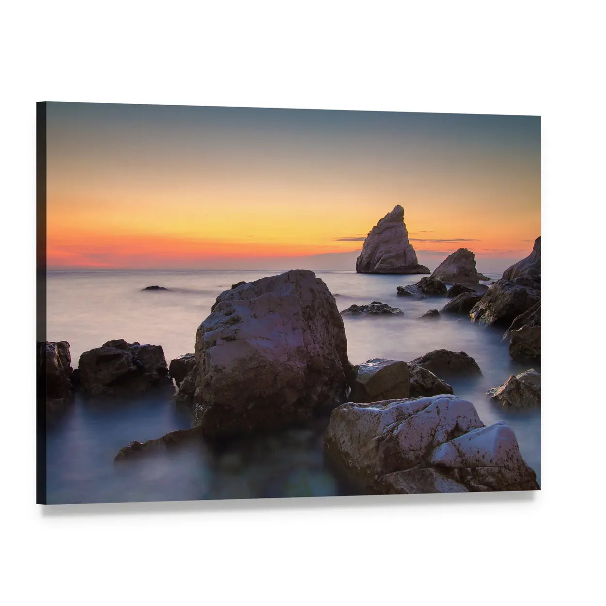 Rocky Coast at Sunset with Sea Stack Canvas Wall Art, single panel gallery wrapped canvas, angled product view