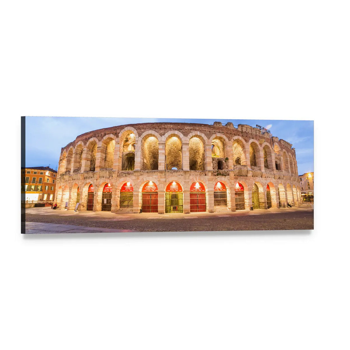 Verona Arena at Dusk Panoramic Canvas Wall Art, single panel gallery wrapped canvas, angled product view