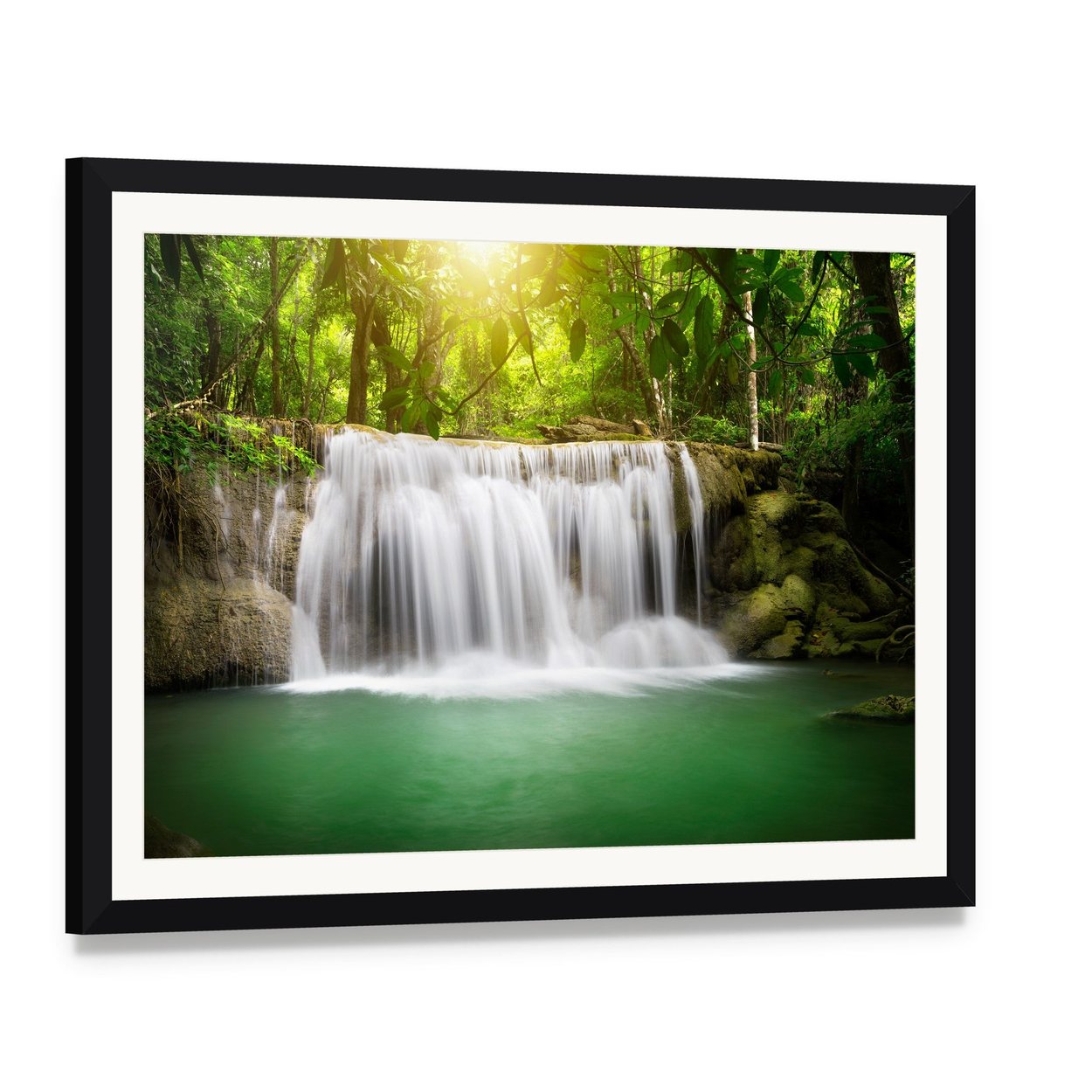 Waterfall in the Green Forest Canvas Wall Art, framed print with white mat and black frame, angled product view